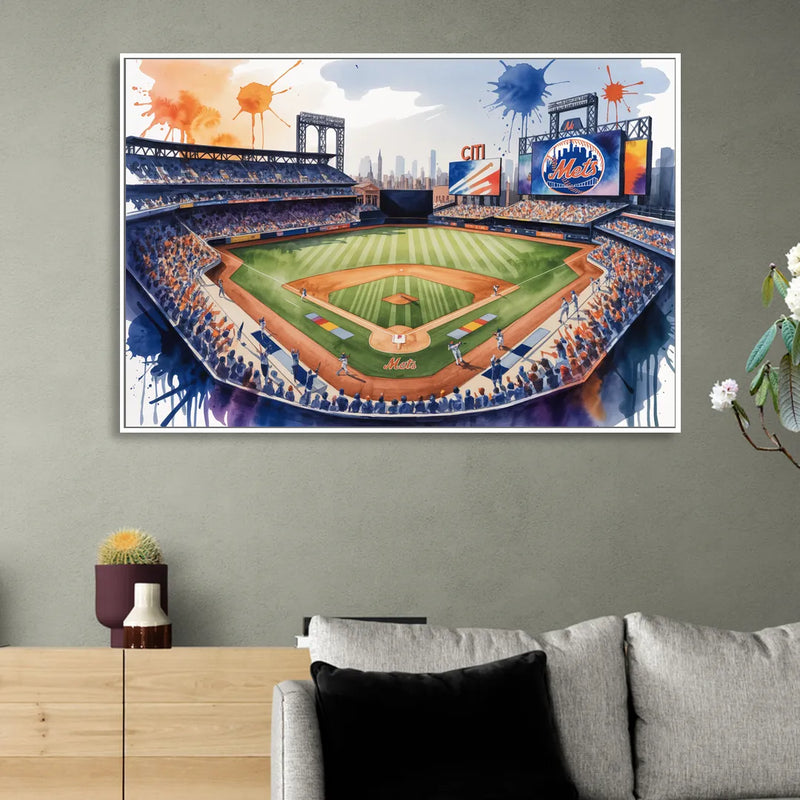New York Mets Dynamic Watercolor Celebration at Citi Field Living Room - White Canvas Wall Art