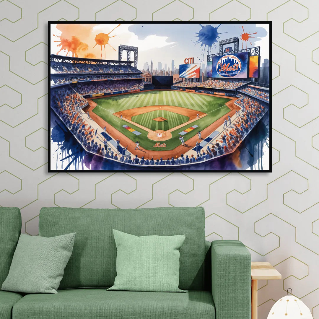 New York Mets Dynamic Watercolor Celebration at Citi Field Living Room - Black Canvas Wall Art