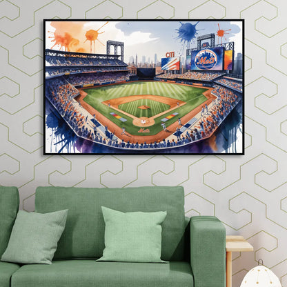 New York Mets Dynamic Watercolor Celebration at Citi Field Living Room - Black Canvas Wall Art
