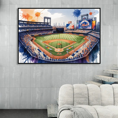 New York Mets Dynamic Watercolor Celebration at Citi Field Sitting Room - Black Canvas Wall Art