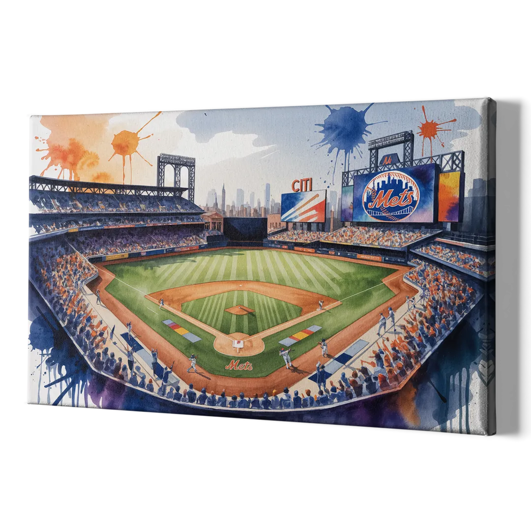 New York Mets Dynamic Watercolor Celebration at Citi Field - Canvas Print Art Sides