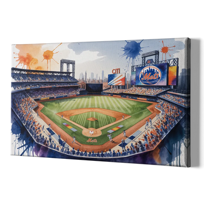 New York Mets Dynamic Watercolor Celebration at Citi Field - Canvas Print Art Sides