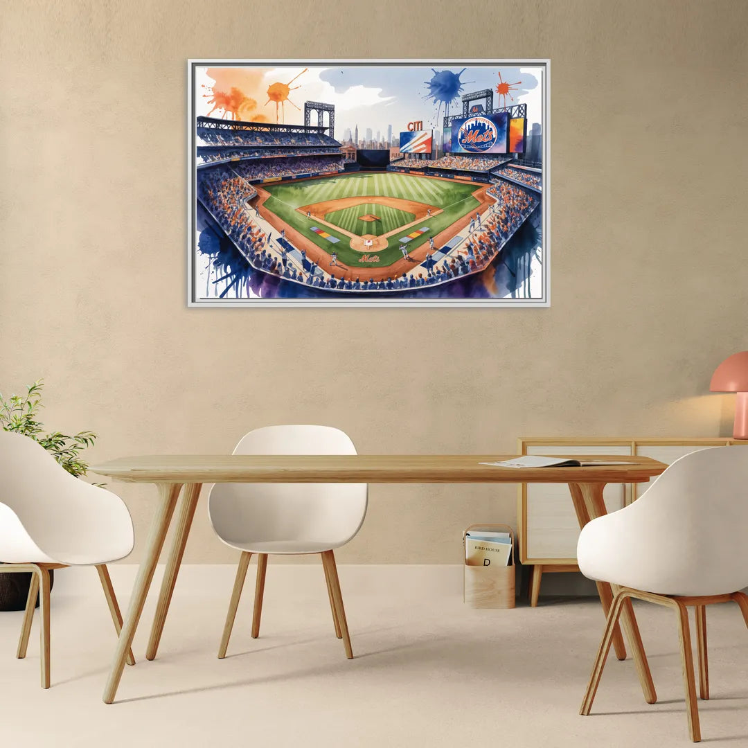 New York Mets Dynamic Watercolor Celebration at Citi Field - Living Room White Frame Canvas