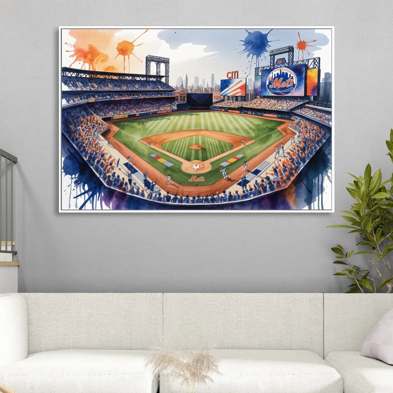 New York Mets Dynamic Watercolor Celebration at Citi Field Sitting Room - White Canvas Wall Art