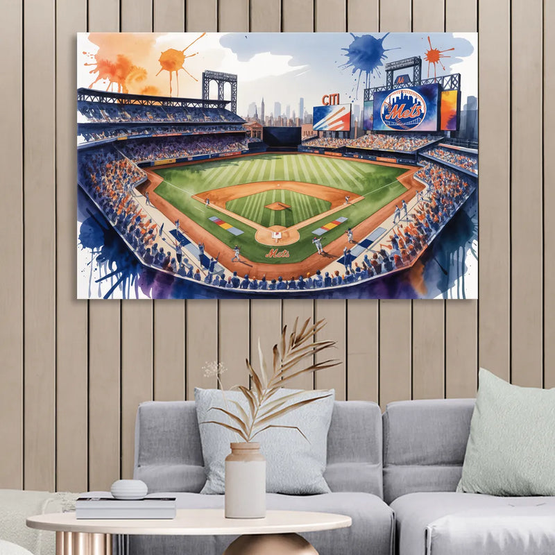 New York Mets Dynamic Watercolor Celebration at Citi Field Sitting Room - Canvas Wall Art