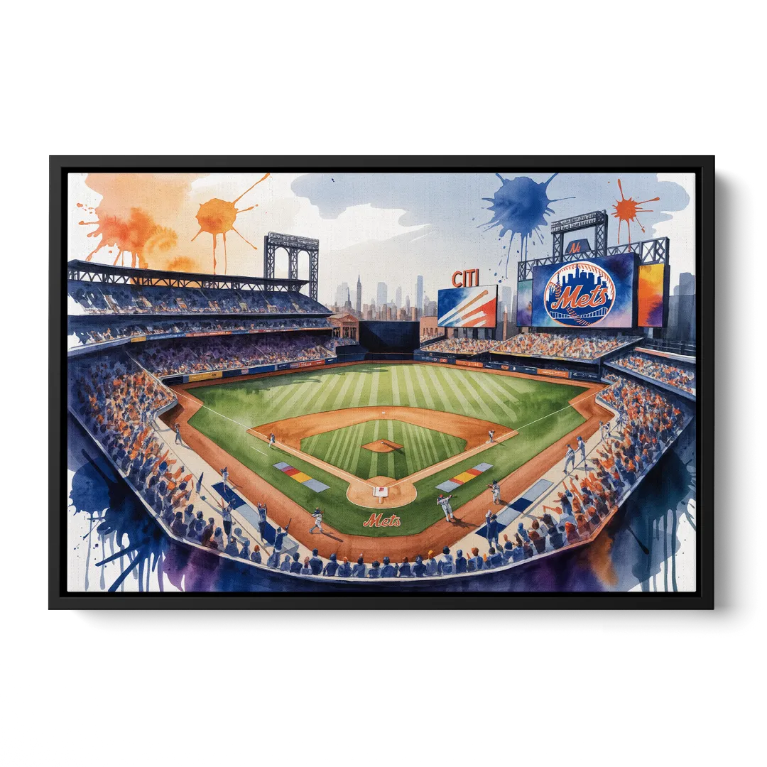 New York Mets Dynamic Watercolor Celebration at Citi Field Front - Black Canvas Wall Art