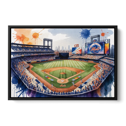New York Mets Dynamic Watercolor Celebration at Citi Field Front - Black Canvas Wall Art