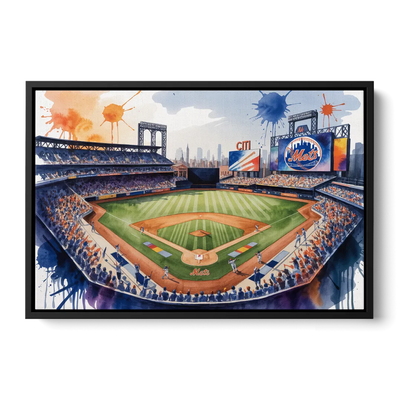 New York Mets Dynamic Watercolor Celebration at Citi Field Front - Black Canvas Wall Art