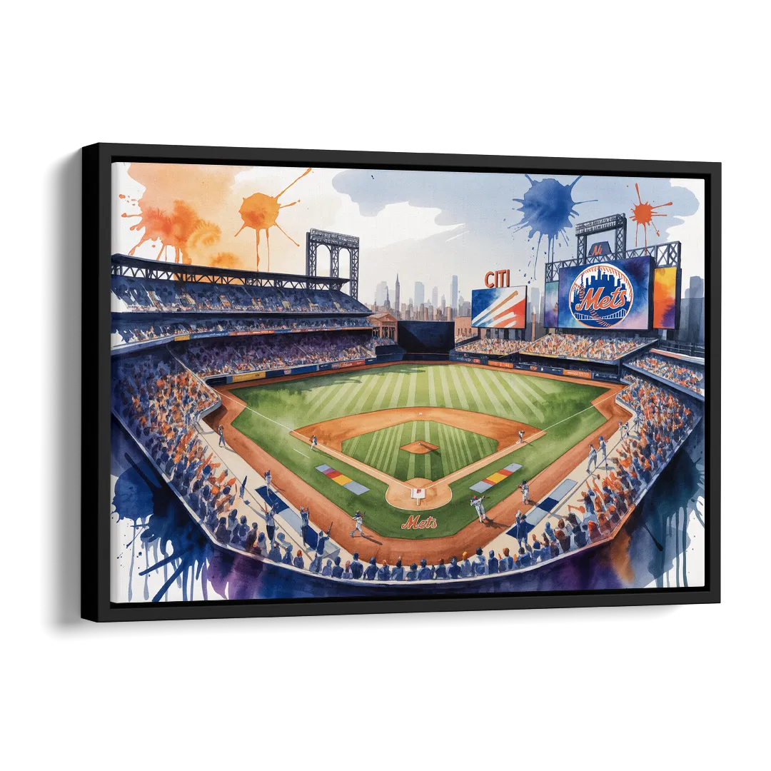 New York Mets Dynamic Watercolor Celebration at Citi Field Side - Black Canvas Wall Art