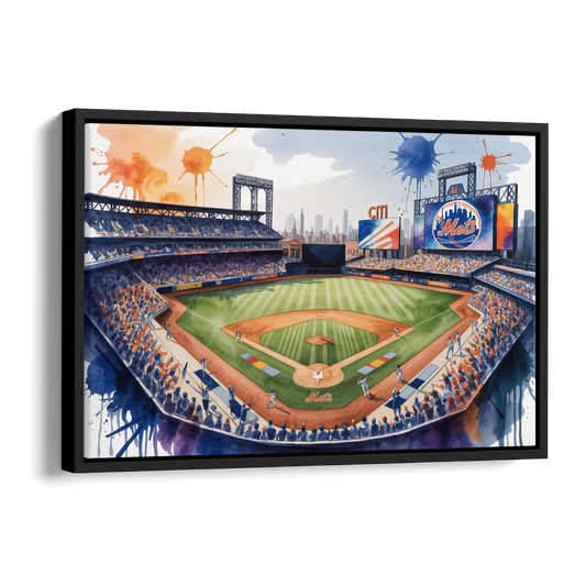 New York Mets Dynamic Watercolor Celebration at Citi Field Side - Black Canvas Wall Art