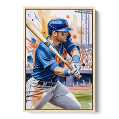 New York Mets Home Run Swing - Oak Framed Canvas Wall Art - Front