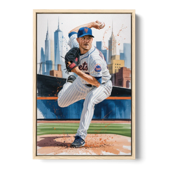 New York Mets Pitcher Windup - Oak Framed Canvas Wall Art - Front