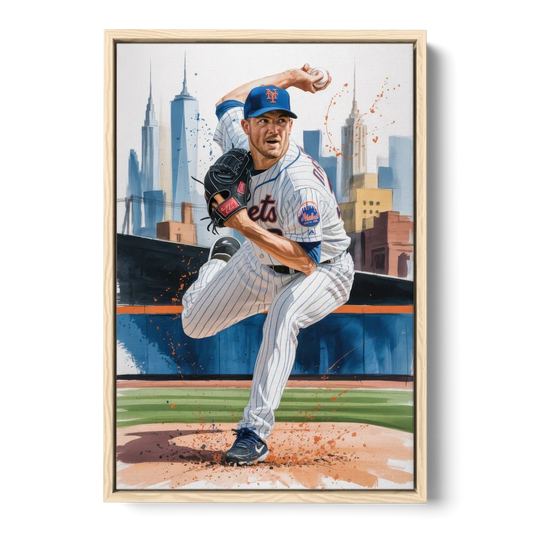 New York Mets Pitcher Windup - Oak Framed Canvas Wall Art - Front