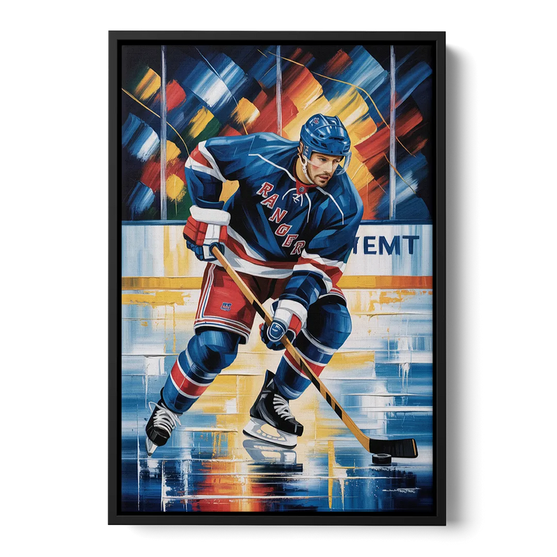 New York Rangers Abstract Hockey Impressionism Front - Black Canvas Wall Art