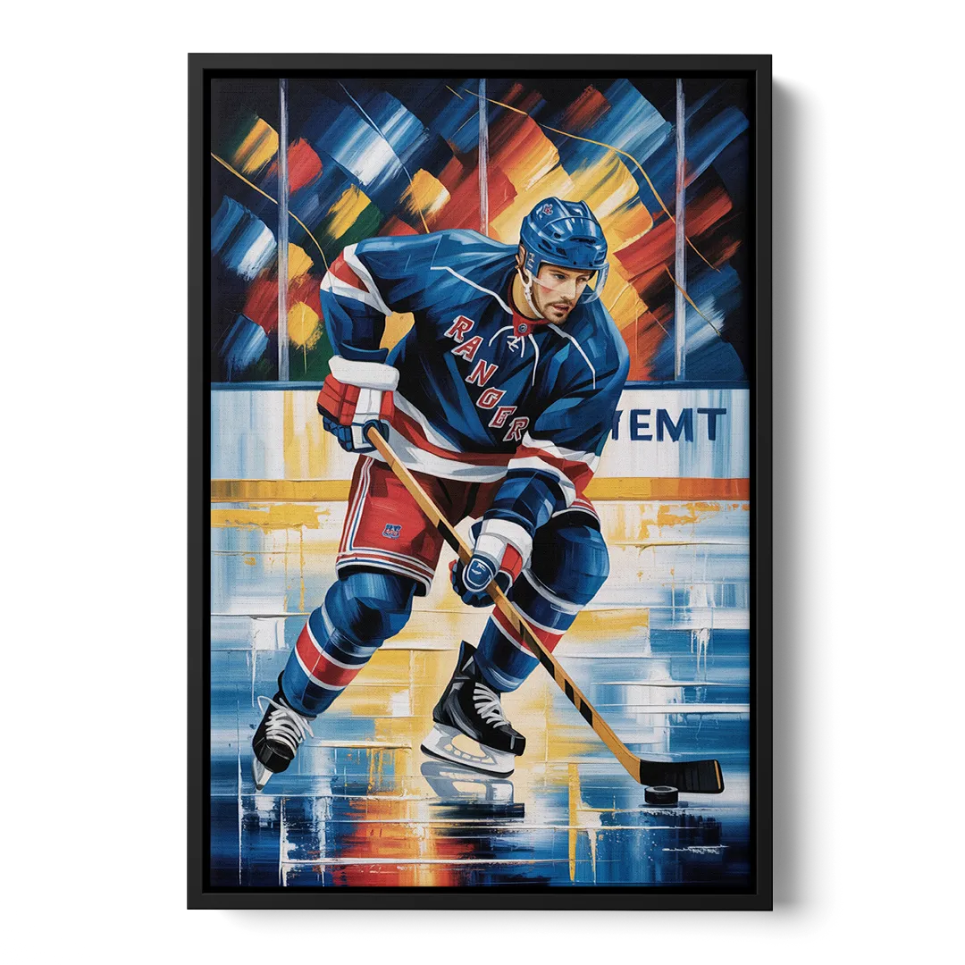 New York Rangers Abstract Hockey Impressionism - Black Frame Canvas