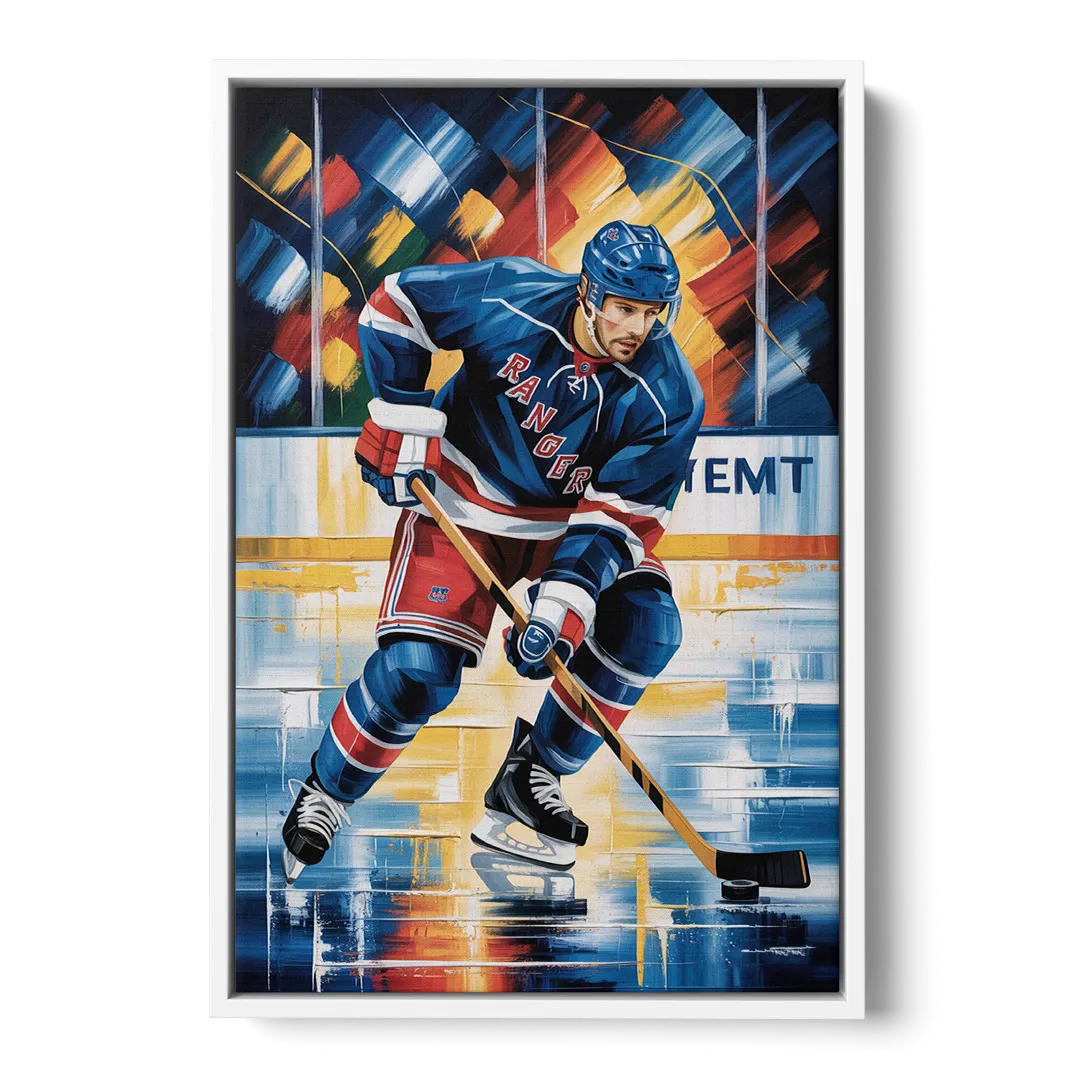 New York Rangers Abstract Hockey Impressionism - White Frame Canvas