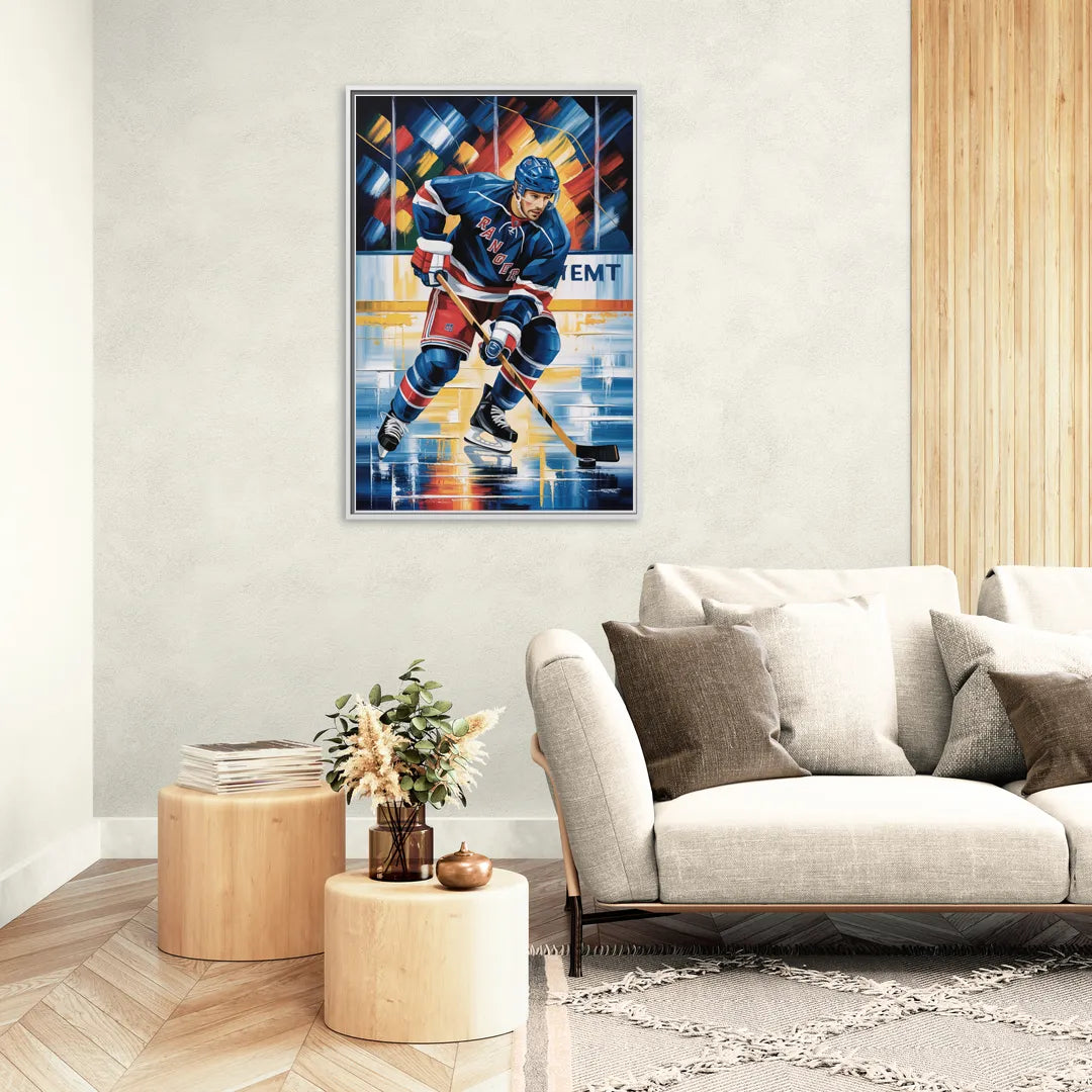 New York Rangers Abstract Hockey Impressionism - Living Room White Frame Canvas