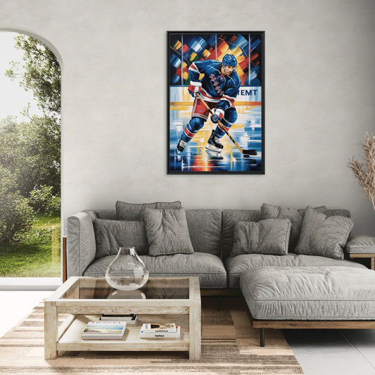 New York Rangers Abstract Hockey Impressionism - Living Room Black Frame Canvas