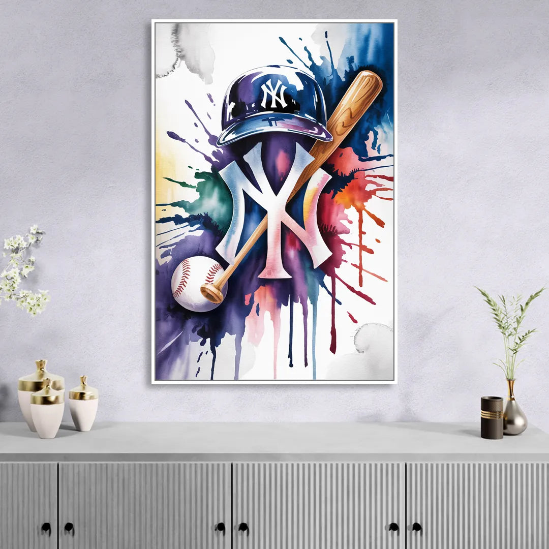 New York Yankees Watercolor Legacy Abstract Emblem Art Front - White Canvas Wall Art
