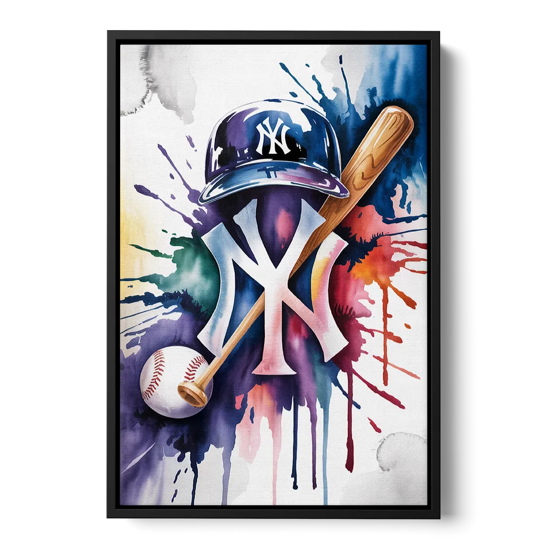New York Yankees Watercolor Legacy Abstract Emblem Art Front - Black Canvas Wall Art