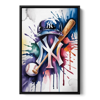 New York Yankees Watercolor Legacy Abstract Emblem Art Front - Black Canvas Wall Art