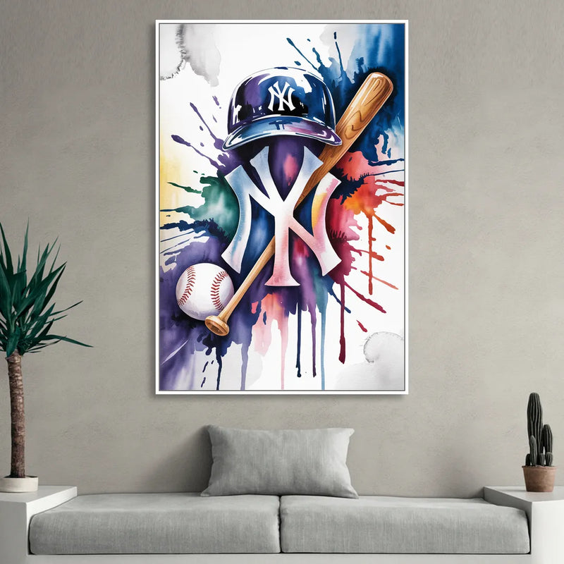 New York Yankees Watercolor Legacy Abstract Emblem Art Living Room - White Canvas Wall Art
