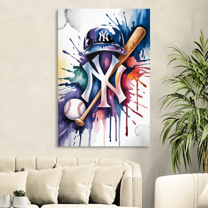 New York Yankees Watercolor Legacy Abstract Emblem Art Sitting Room - Canvas Wall Art