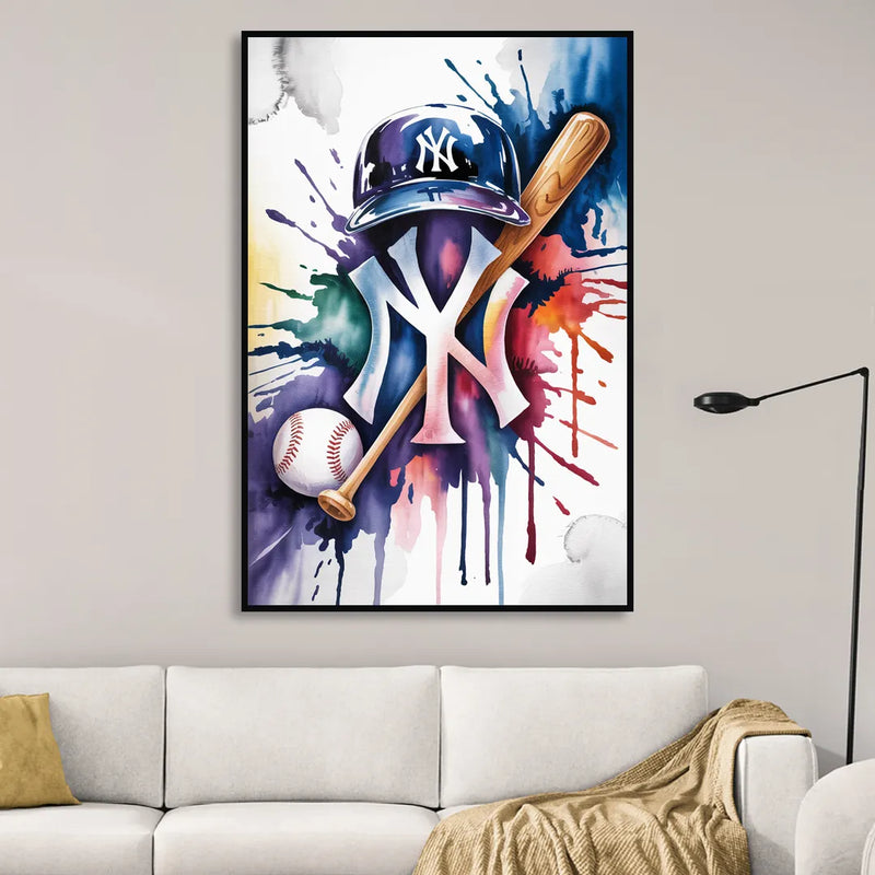 New York Yankees Watercolor Legacy Abstract Emblem Art Living Room - Black Canvas Wall Art