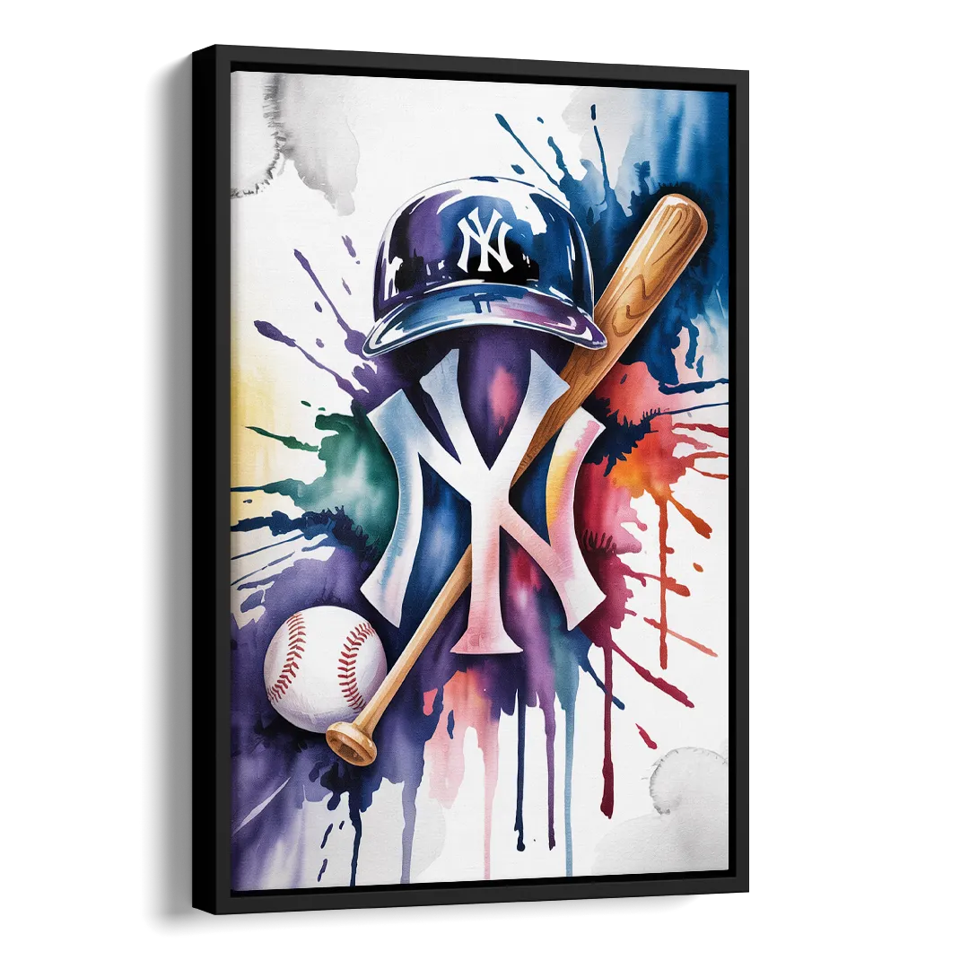 New York Yankees Watercolor Legacy Abstract Emblem Art Side - Black Canvas Wall Art