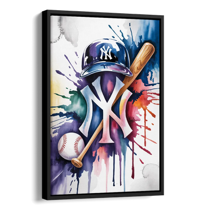 New York Yankees Watercolor Legacy Abstract Emblem Art Side - Black Canvas Wall Art