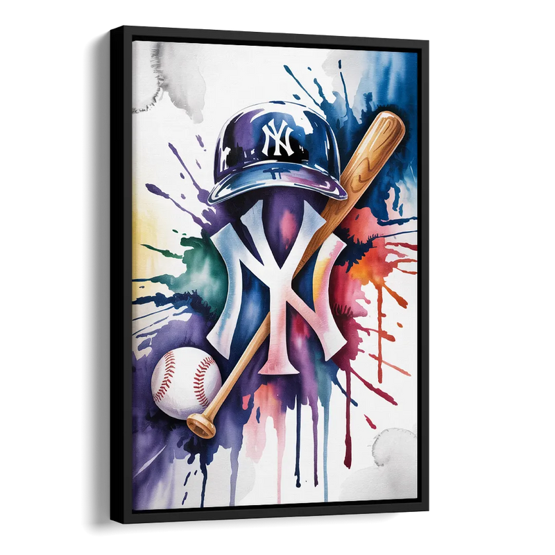 New York Yankees Watercolor Legacy Abstract Emblem Art Side - Black Canvas Wall Art