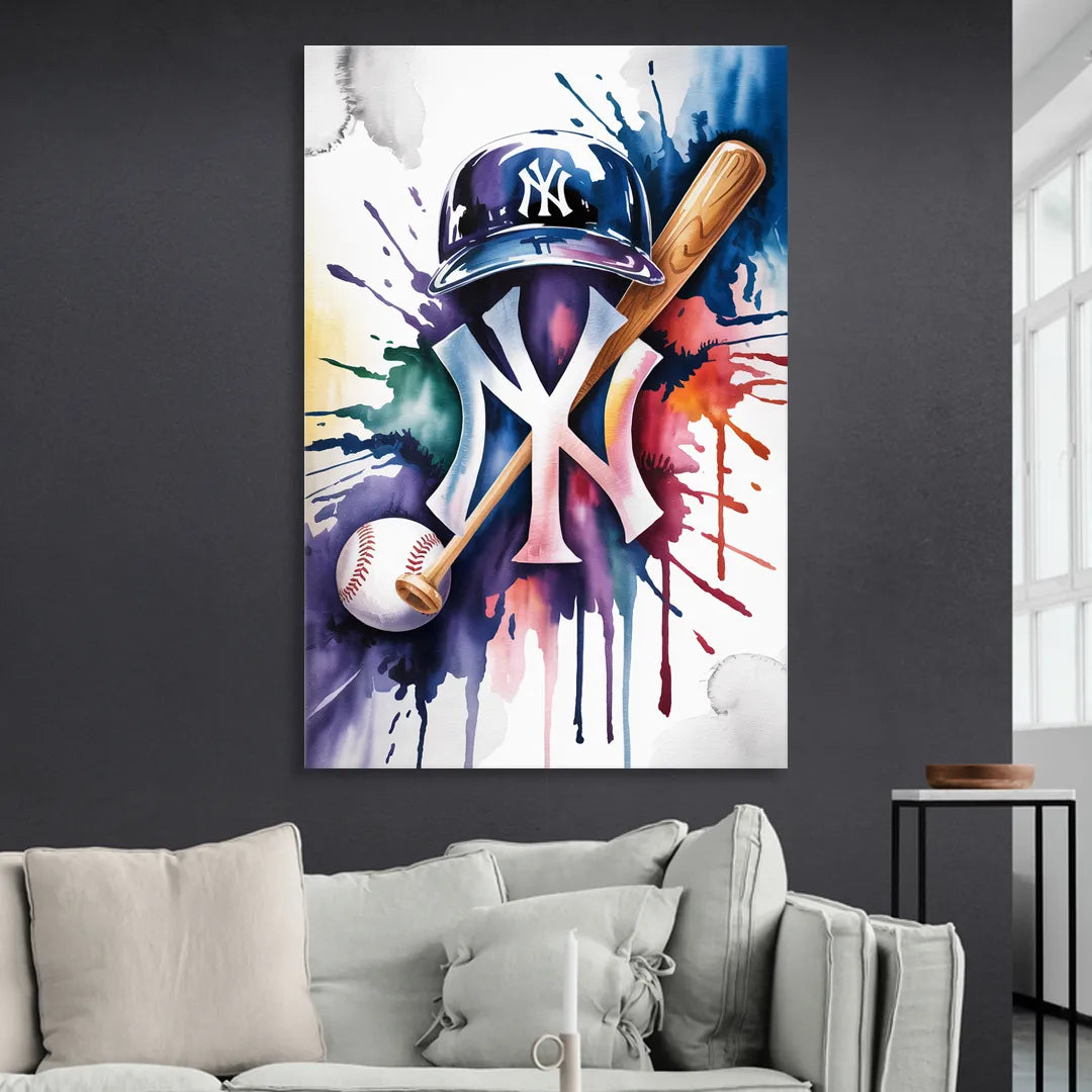 New York Yankees Watercolor Legacy Abstract Emblem Art Sitting Room - Canvas Wall Art