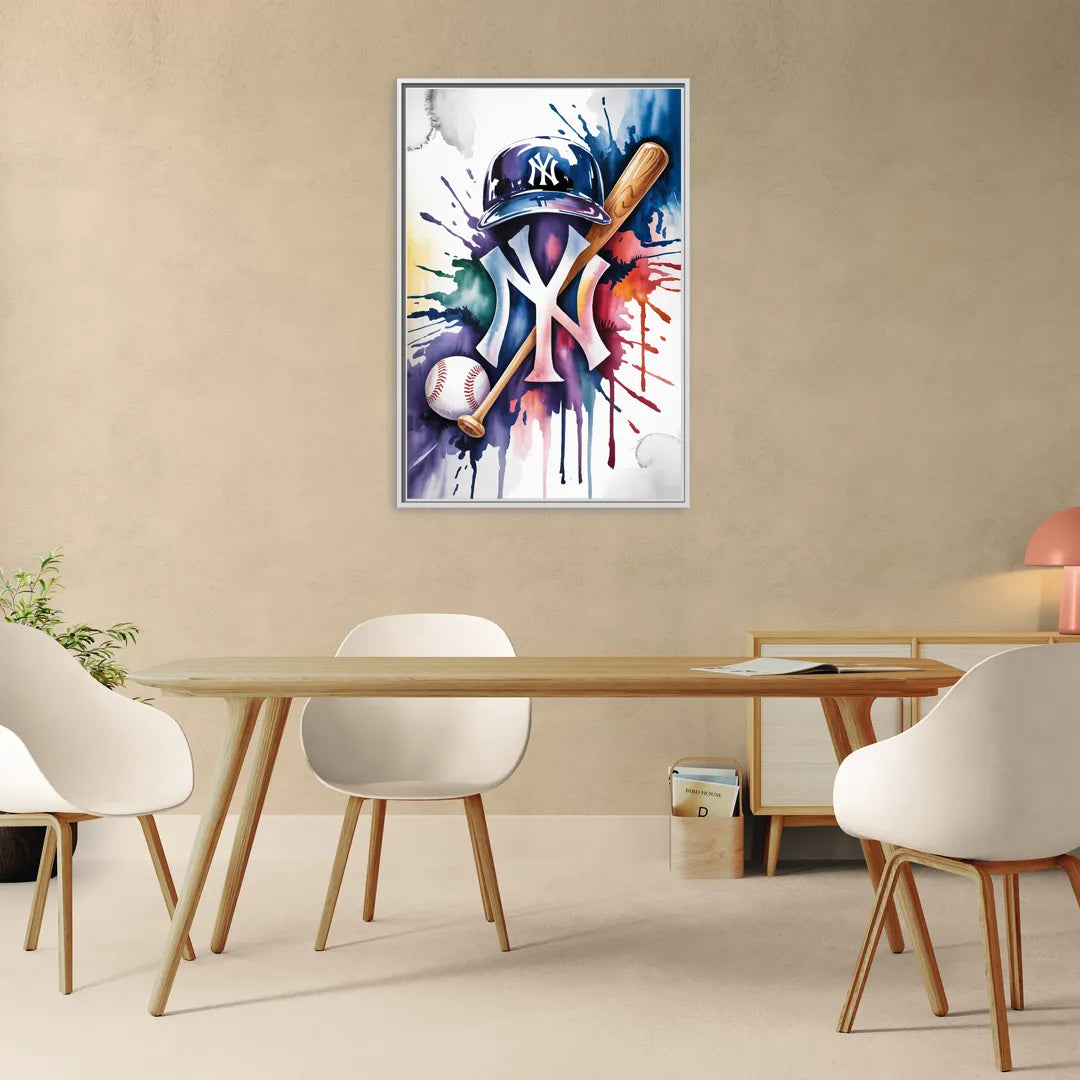 New York Yankees Watercolor Legacy Abstract Emblem Art - Living Room White Frame Canvas