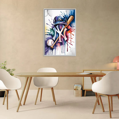 New York Yankees Watercolor Legacy Abstract Emblem Art - Living Room White Frame Canvas