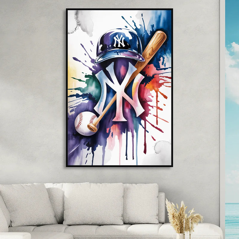 New York Yankees Watercolor Legacy Abstract Emblem Art Living Room - Black Canvas Wall Art