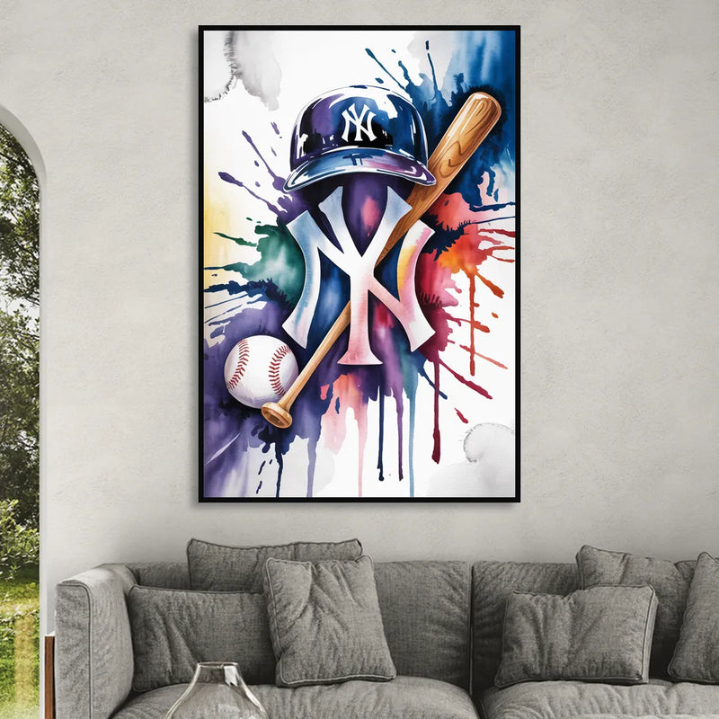 New York Yankees Watercolor Legacy Abstract Emblem Art Sitting Room - Black Canvas Wall Art
