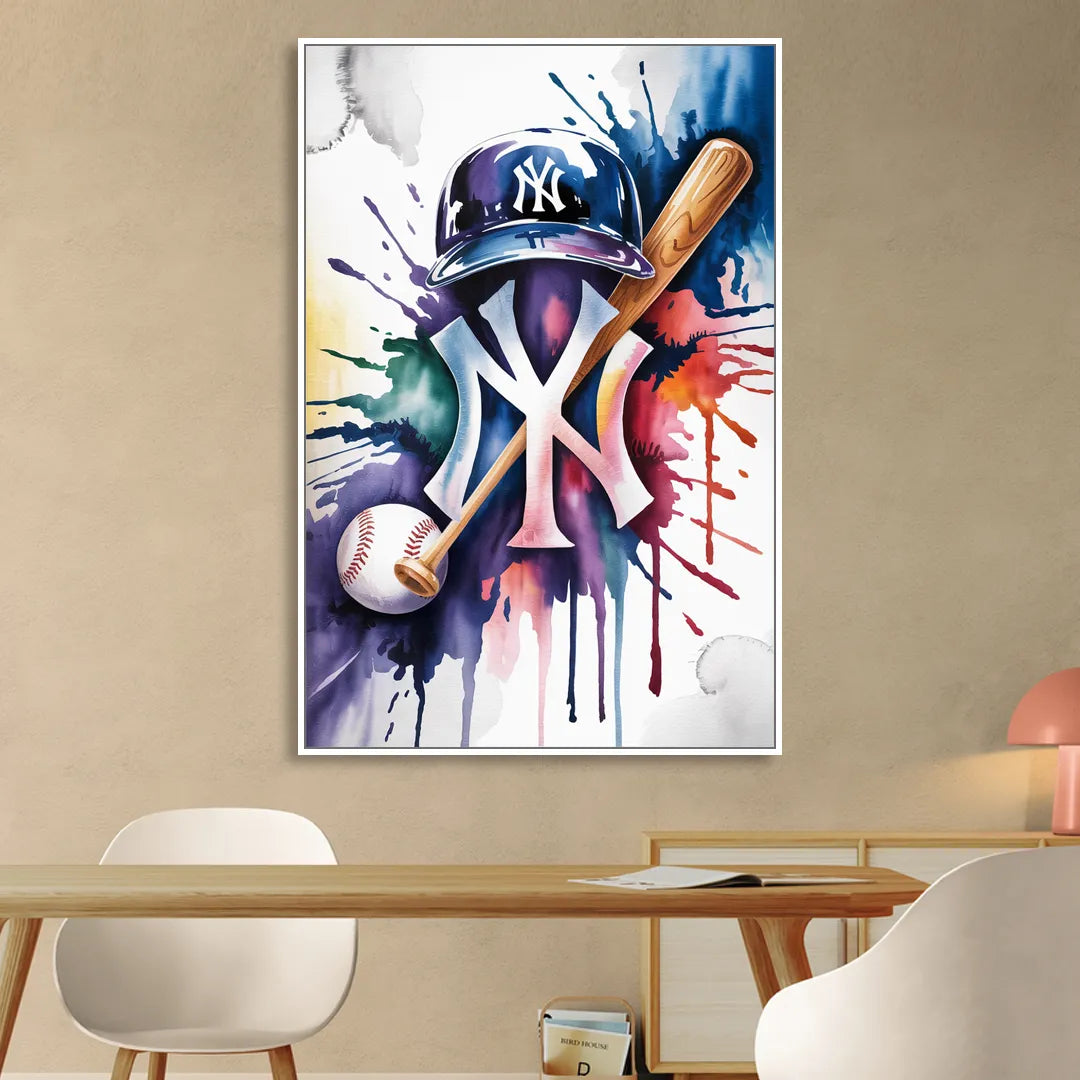 New York Yankees Watercolor Legacy Abstract Emblem Art Living Room - White Canvas Wall Art