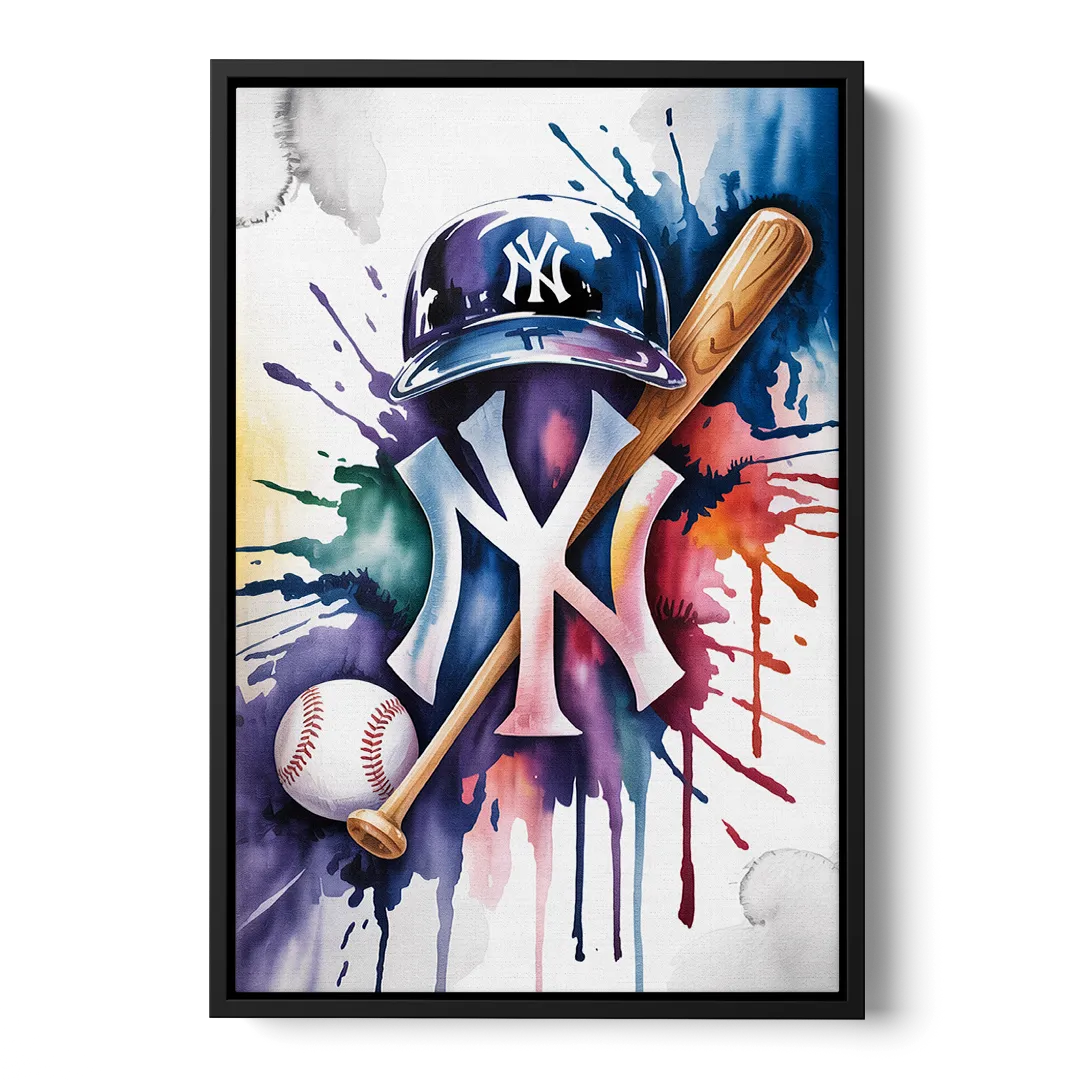 New York Yankees Watercolor Legacy Abstract Emblem Art Front - Black Canvas Wall Art