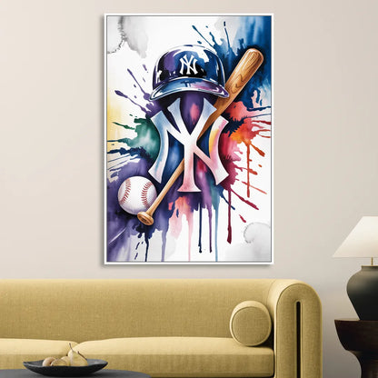New York Yankees Watercolor Legacy Abstract Emblem Art Sitting Room - White Canvas Wall Art