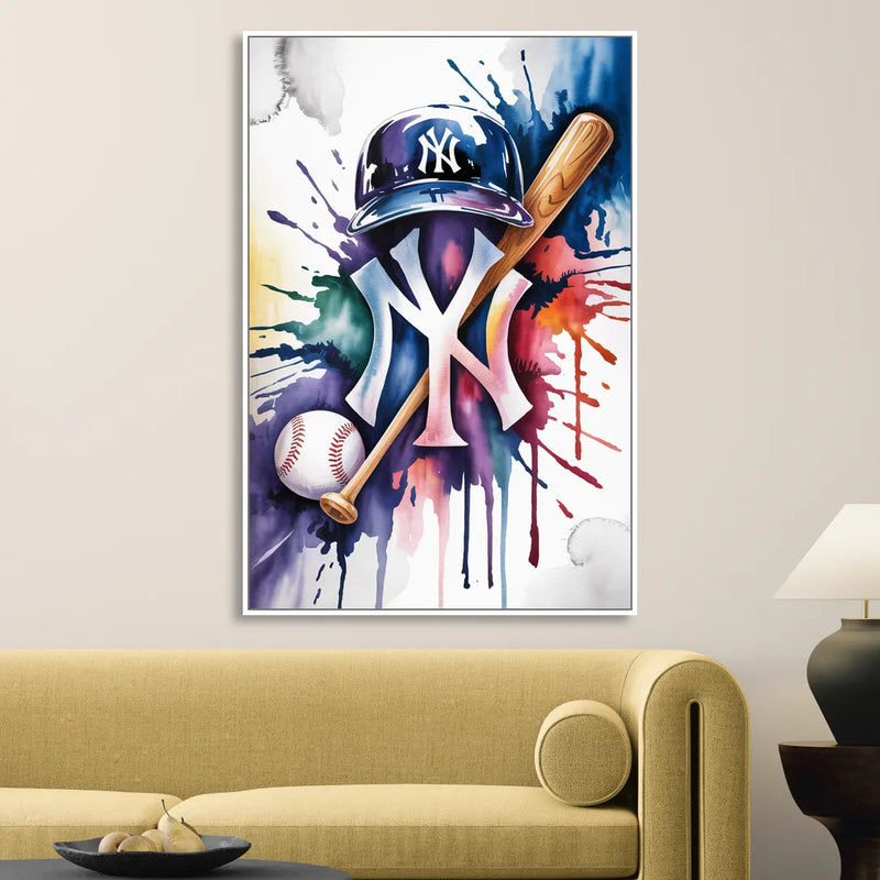 New York Yankees Watercolor Legacy Abstract Emblem Art Sitting Room - White Canvas Wall Art