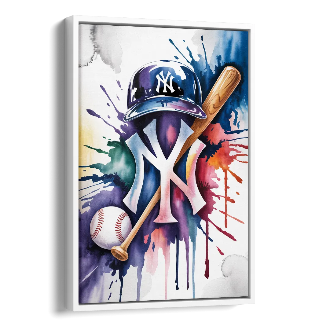 New York Yankees Watercolor Legacy Abstract Emblem Art Side - White Canvas Wall Art