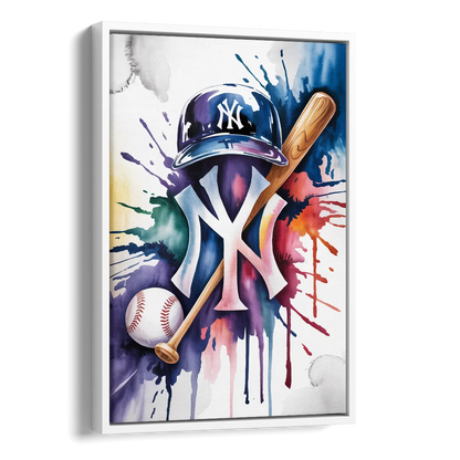 New York Yankees Watercolor Legacy Abstract Emblem Art Side - White Canvas Wall Art