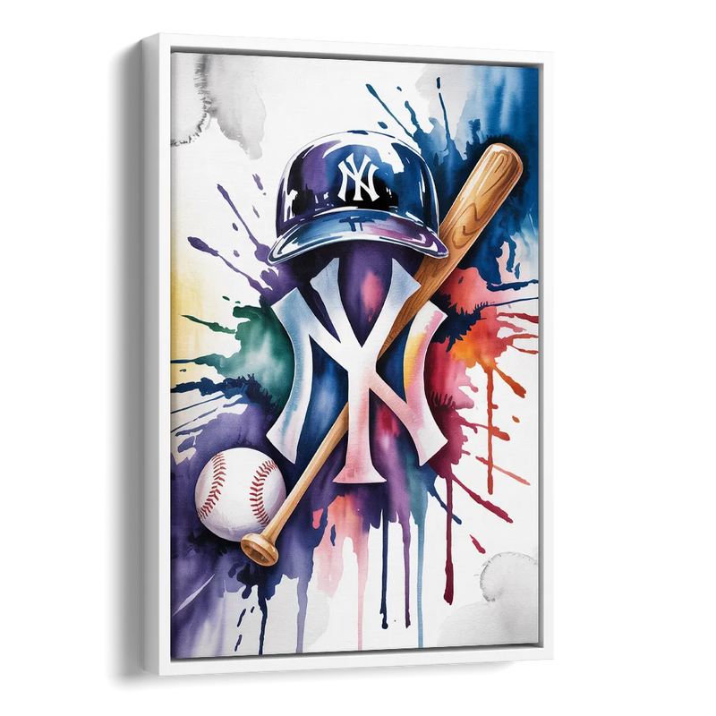 New York Yankees Watercolor Legacy Abstract Emblem Art Side - White Canvas Wall Art