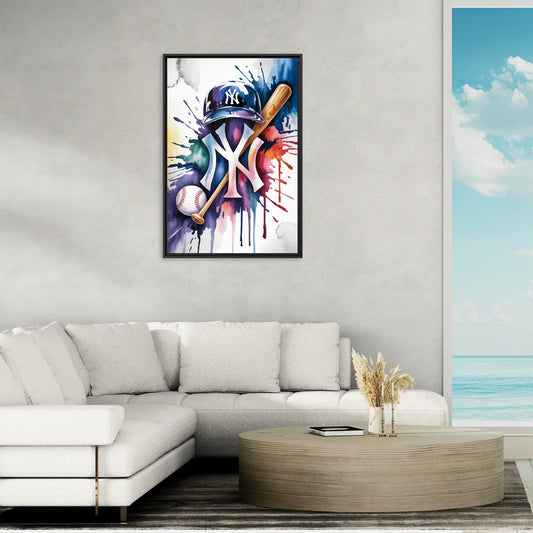 New York Yankees Watercolor Legacy Abstract Emblem Art - Living Room Black Frame Canvas