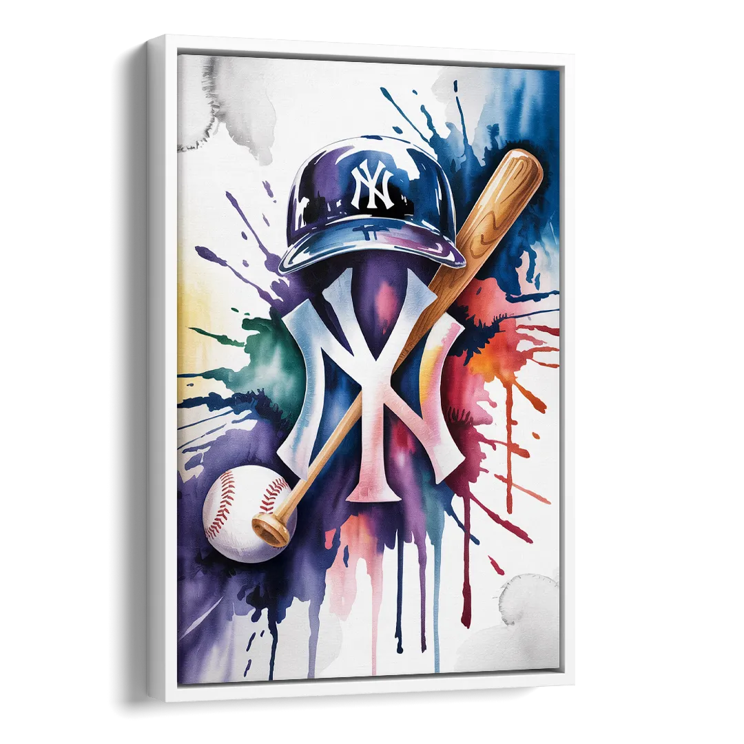 New York Yankees Watercolor Legacy Abstract Emblem Art Side - White Canvas Wall Art