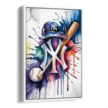 New York Yankees Watercolor Legacy Abstract Emblem Art Side - White Canvas Wall Art