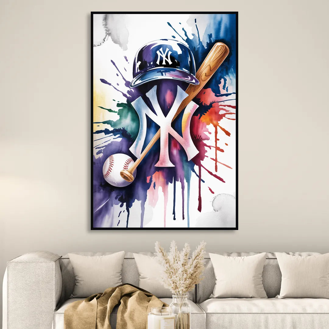 New York Yankees Watercolor Legacy Abstract Emblem Art Sitting Room - Black Canvas Wall Art