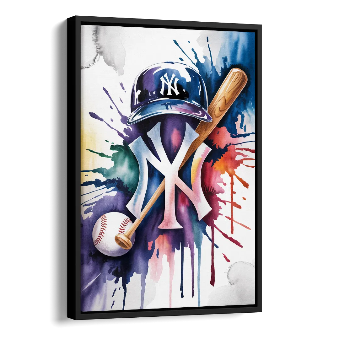 New York Yankees Watercolor Legacy Abstract Emblem Art Side - Black Canvas Wall Art