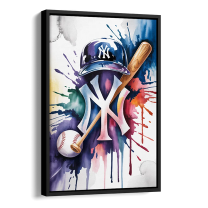 New York Yankees Watercolor Legacy Abstract Emblem Art Side - Black Canvas Wall Art