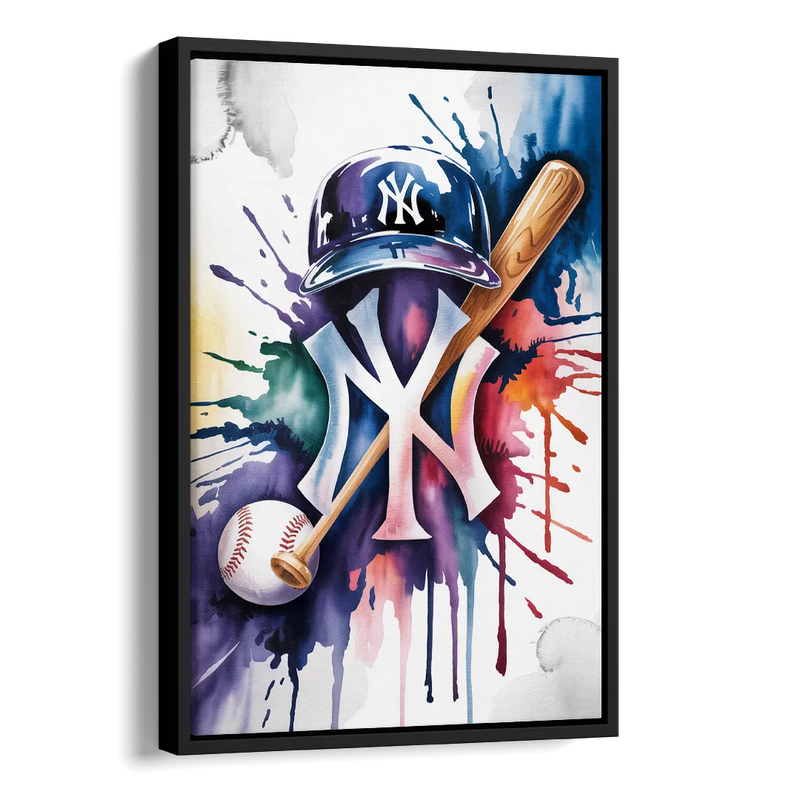 New York Yankees Watercolor Legacy Abstract Emblem Art Side - Black Canvas Wall Art